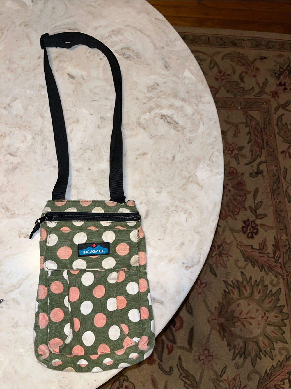 Kavu Olive Green Polka Dot Crossbody Bag with Pink and White Dots